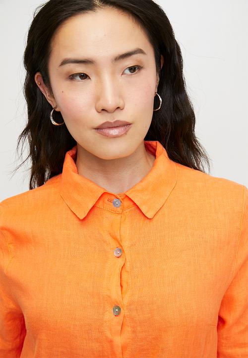 Stella Morgan - Linen Midi Dress With Front Scoop - Orange