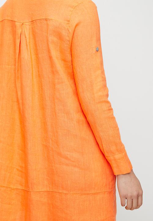 Stella Morgan - Linen Midi Dress With Front Scoop - Orange