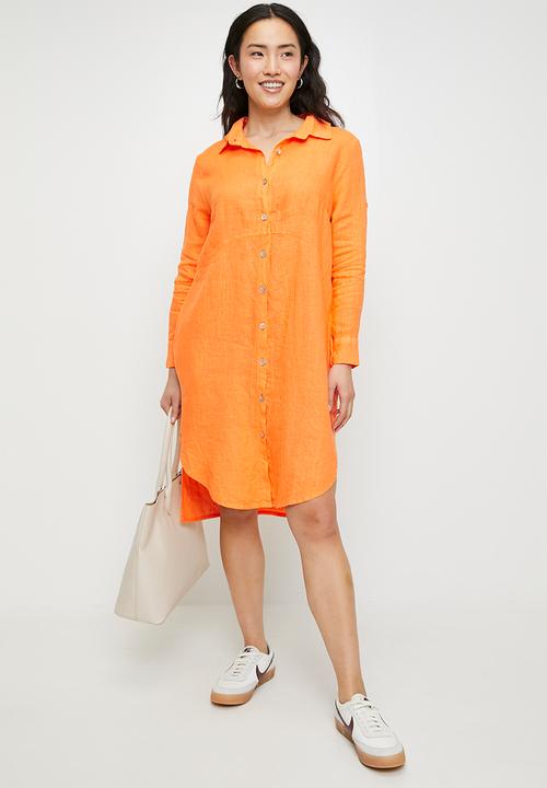 Stella Morgan - Linen Midi Dress With Front Scoop - Orange