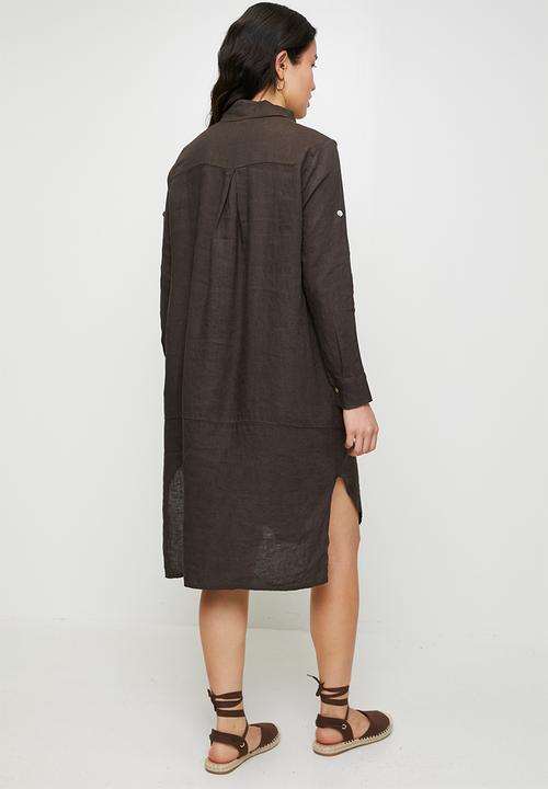 Stella Morgan - Linen Midi Dress With Front Scoop - Chocolate