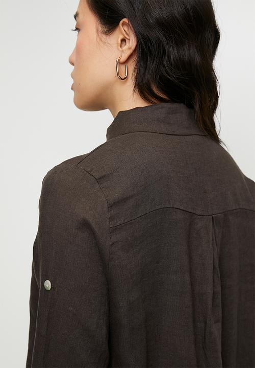 Stella Morgan - Linen Midi Dress With Front Scoop - Chocolate
