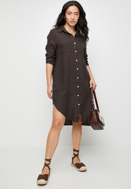 Stella Morgan - Linen Midi Dress With Front Scoop - Chocolate