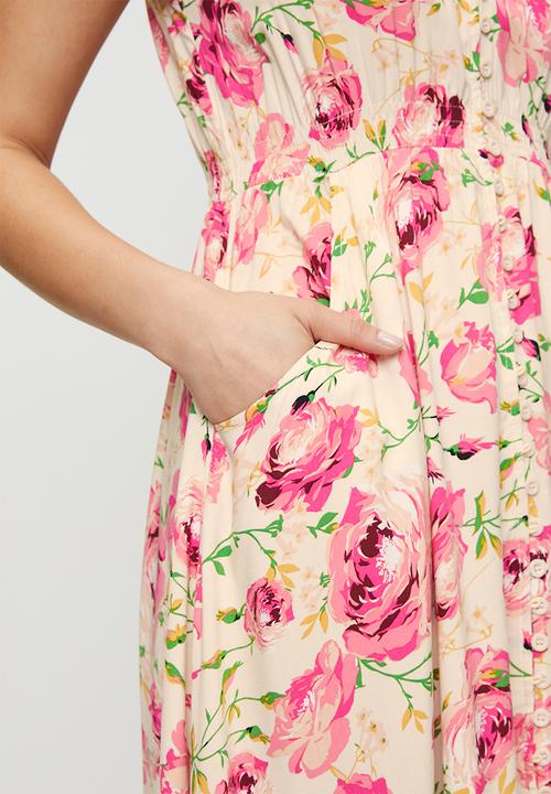 Stella Morgan - Cap flutter sleeve floral print midid dress with ladder lace detail  - pink multi floral