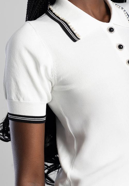 SISSY BOY - New Beginnings: Short Sleeve Polo Knit Top With Pearl Detail - White