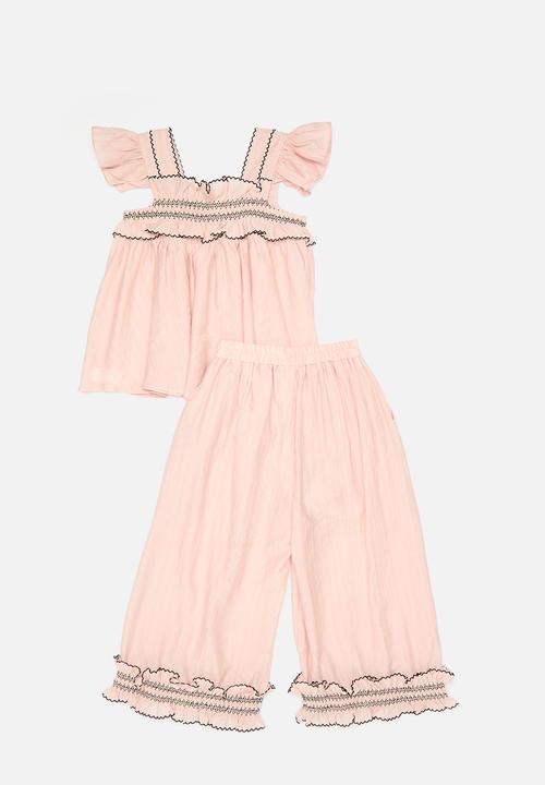 Pop Candy - Contrast stitched smocked top with matching pants - pink