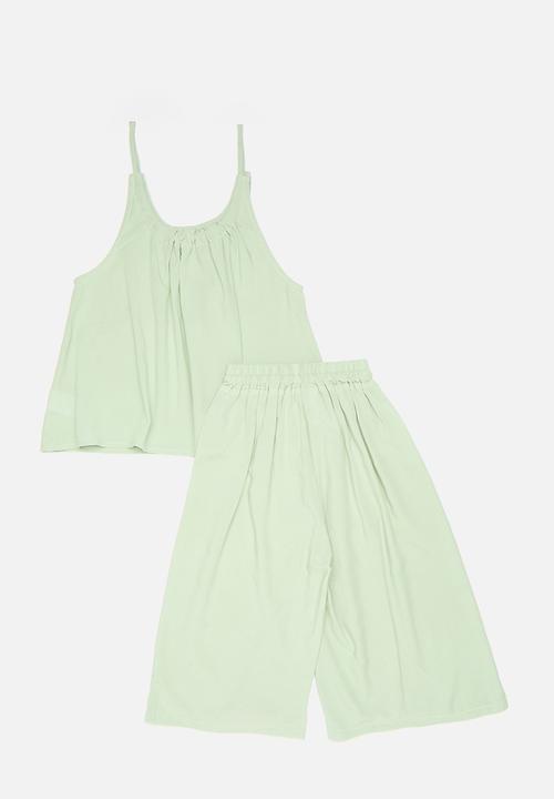 Pop Candy - Scooped neckline cami with extra wide leg pants- sage green