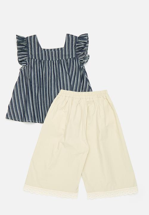 Pop Candy - Striped denim top with woven trim wide leg pants - multi