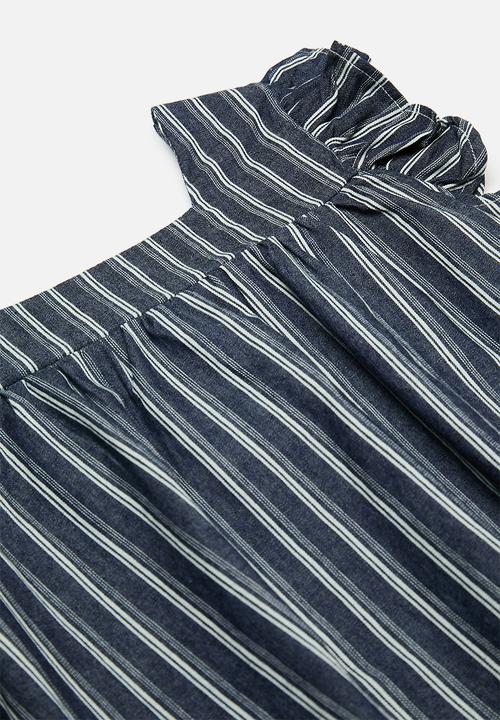 Pop Candy - Striped denim top with woven trim wide leg pants - multi