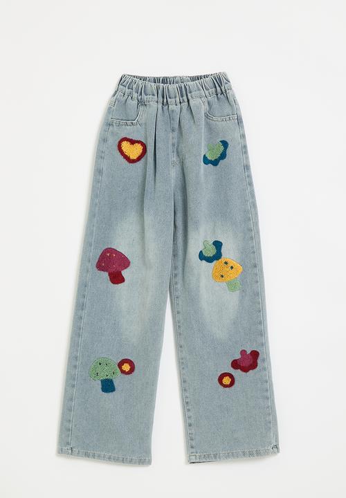 Pop Candy - Chenille embroidered wide leg jean - blue