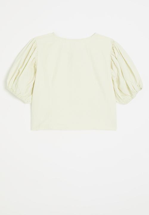 Pop Candy - Collarless button-up top with puff sleeves - ivory