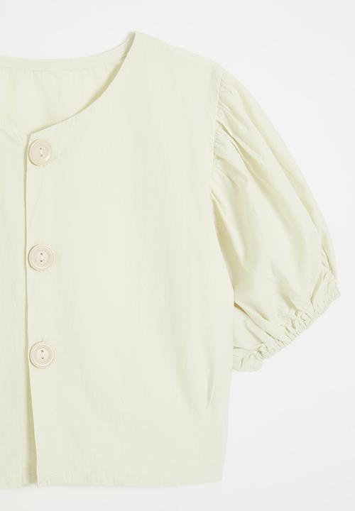Pop Candy - Collarless button-up top with puff sleeves - ivory