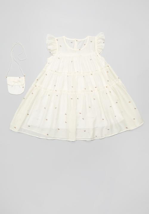 Pop Candy - Tiered tent dress with pearl strapped pouch - cream/bow aop