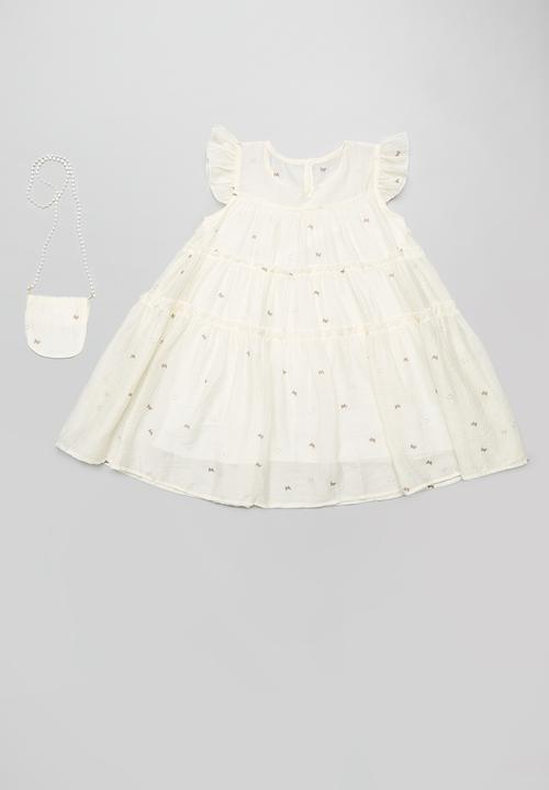 Pop Candy - Tiered tent dress with pearl strapped pouch - cream/bow aop