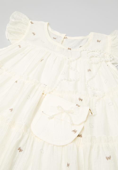 Pop Candy - Tiered tent dress with pearl strapped pouch - cream/bow aop