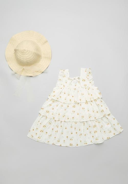 Pop Candy - Yellow floral tiered dress with tulle bow sun hat - multi