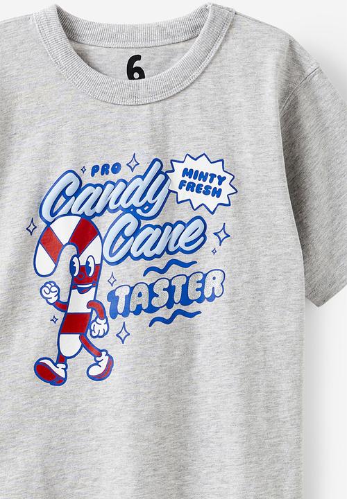 Cotton On - Poppy oversize graphic print tee - grey marle/xmas candy cane taster