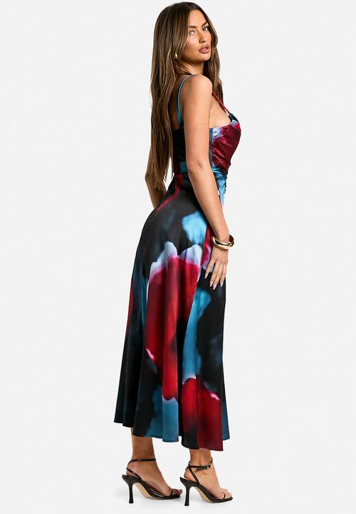 boohoo - Floral Satin Corset Midaxi Dress - Black