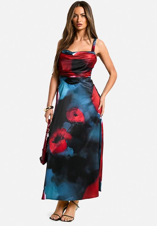 boohoo - Floral Satin Corset Midaxi Dress - Black