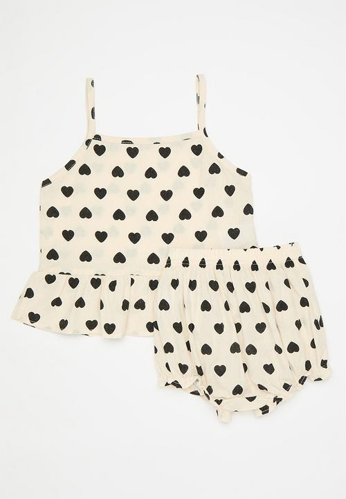 Pop Candy - Swiss dot fabric top with bloomer shorts - parchment white/hear aop