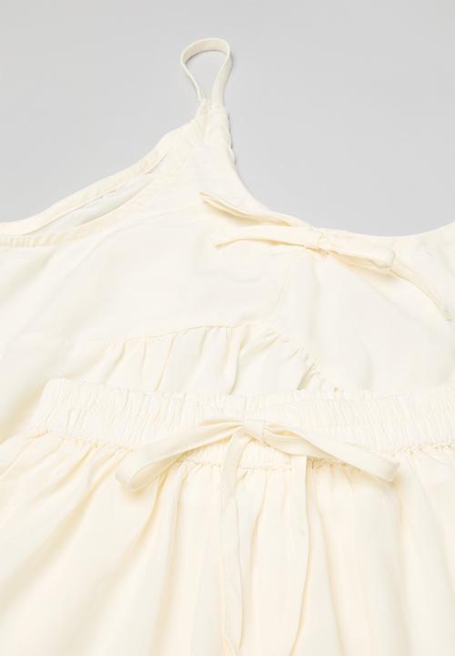 Pop Candy - Gathered shoulder tie top with wide leg capri pants - cream