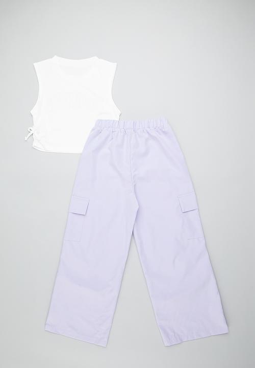 Pop Candy - Side ruched tee with wide leg cargo pants - white/lilac