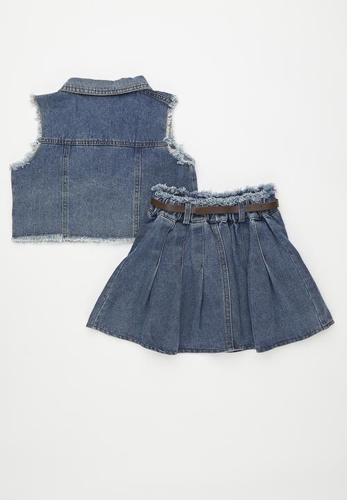 Pop Candy - Frayed denim vest with pleated skirt - blue