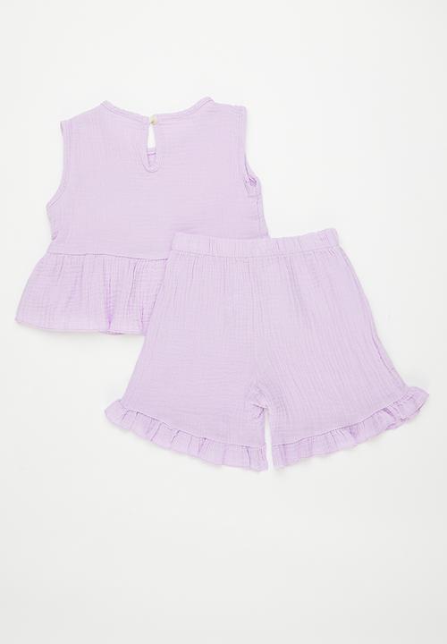Pop Candy - Peplum top with bow detail & frilled hem shorts - lilac