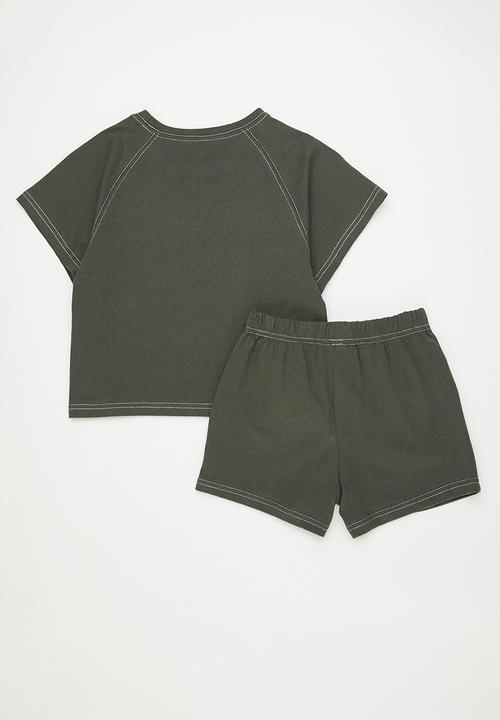 Pop Candy - Raglan tee & shorts with contrast stitching - charcoal grey