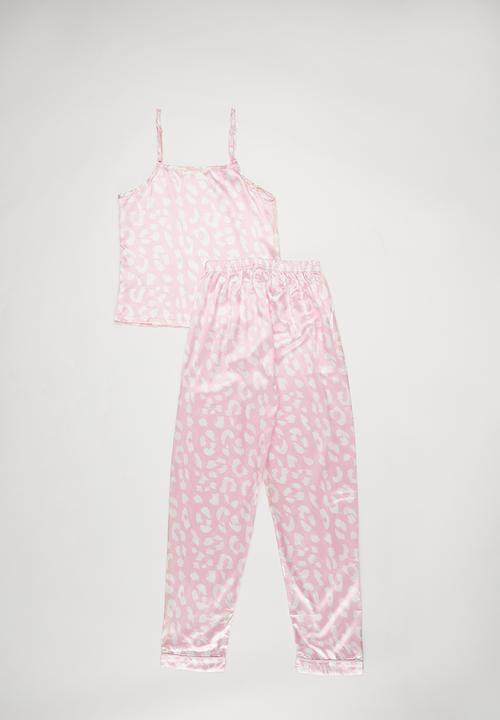 Pop Candy - Silk pj top with piped cuff pants - pink/leopard print