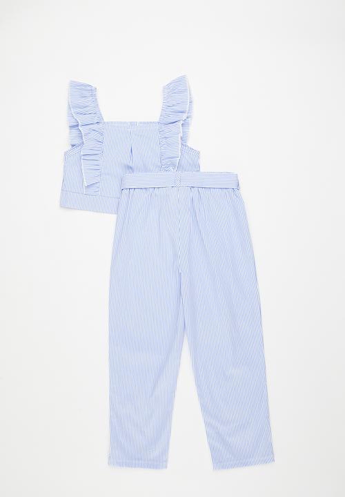 Pop Candy - Front closure top & tie belt pants- blue/white/candy stripes