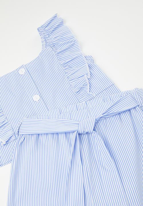 Pop Candy - Front closure top & tie belt pants- blue/white/candy stripes