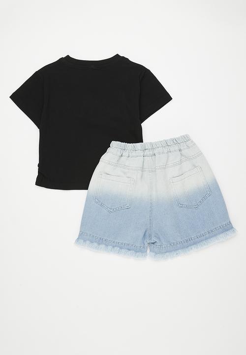 Pop Candy - Embellished slogan tee with ombre denim shorts - black/blue/love