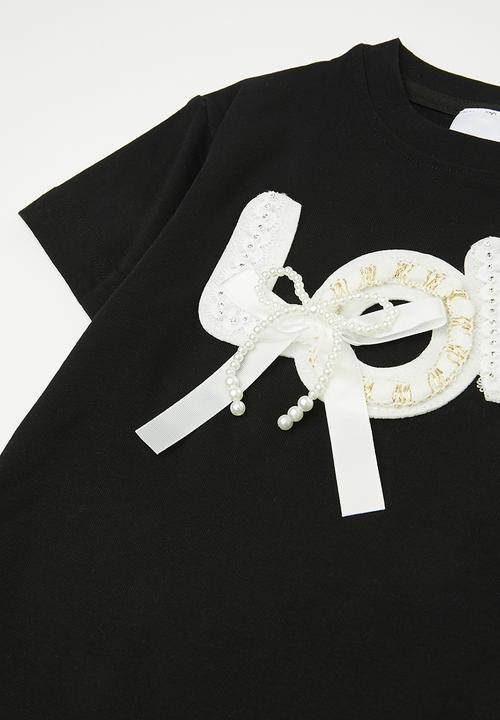 Pop Candy - Embellished slogan tee with ombre denim shorts - black/blue/love