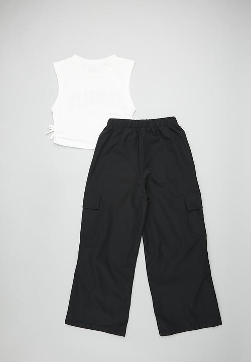 Pop Candy - Side ruched tee with wide leg pants - white/black