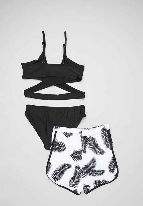 Pop Candy - Bikini with curved hem board shorts- black/white/leaf aop