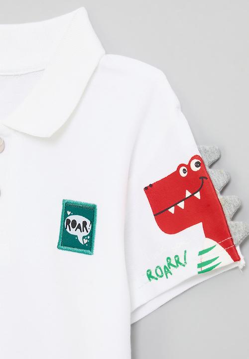Pop Candy - Golf shirt with badge & dino sleeve - white