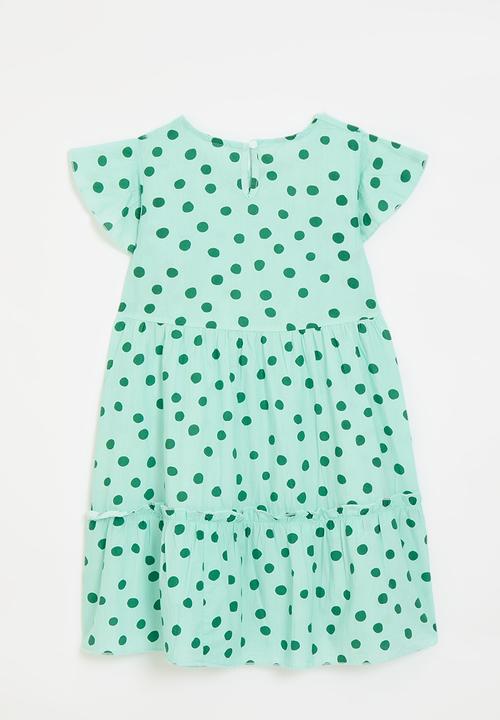 Pop Candy - Butterfly sleeve dress with stylised tier - mint colour/green dots