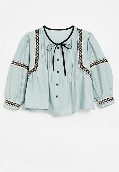 Pop Candy - Pin tucked boho blouse with woven trim detail - light blue/mutli