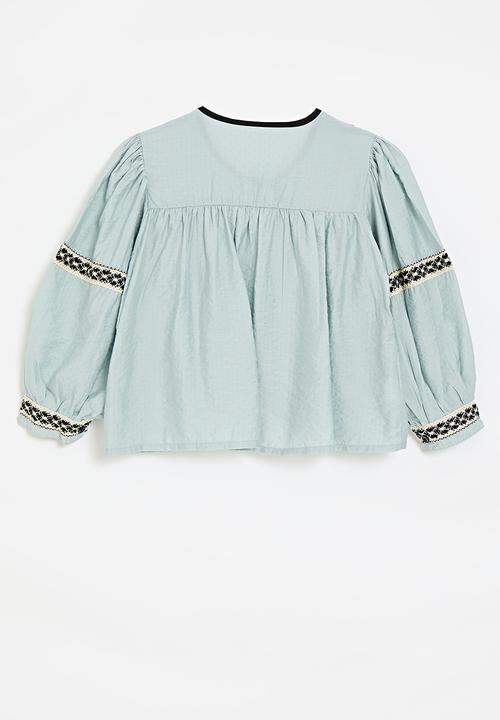 Pop Candy - Pin tucked boho blouse with woven trim detail - light blue/mutli