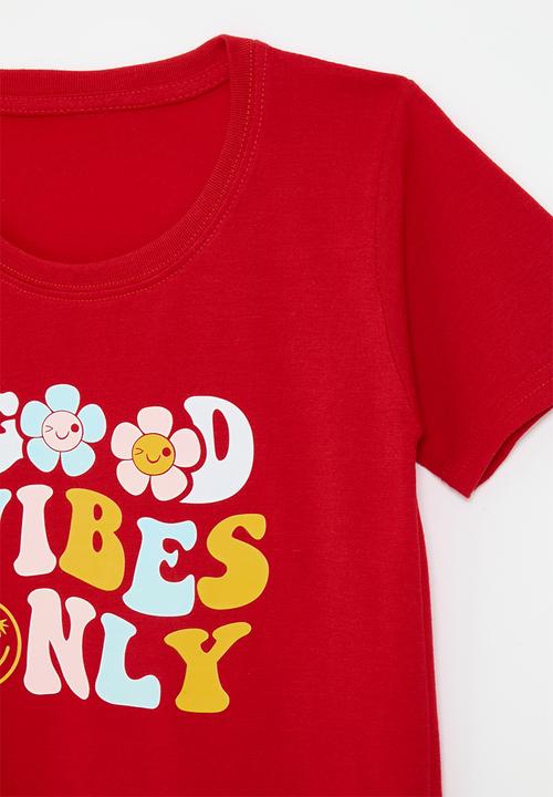 Pop Candy - Slogan print crew neck tee - red/good vibes only