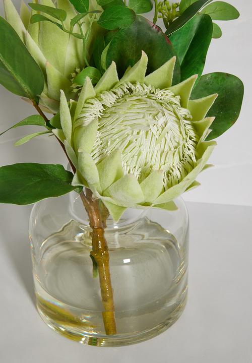 Silk By Design - Protea green with foliage in jar vase