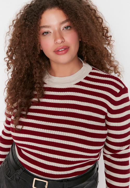 Trendyol - Plus size claret striped body wrap sweater - bordeaux