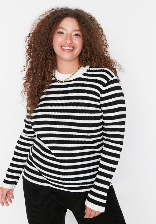 Trendyol - Plus size striped ribbed sweater  - black