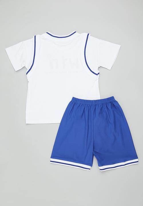 Pop Candy - Slogan print basketball tee with matching shorts - blue/white/win