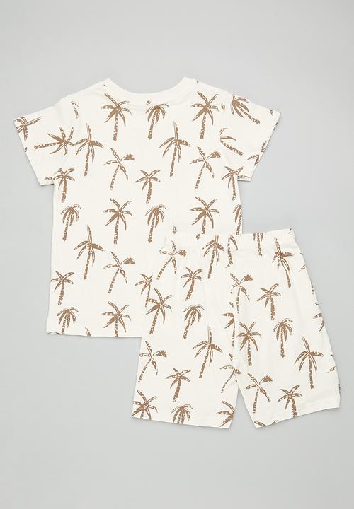 Pop Candy - Palm tree all-over print tee & shorts - ecru/brown