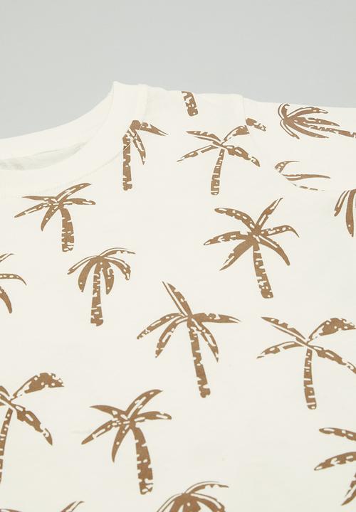 Pop Candy - Palm tree all-over print tee & shorts - ecru/brown