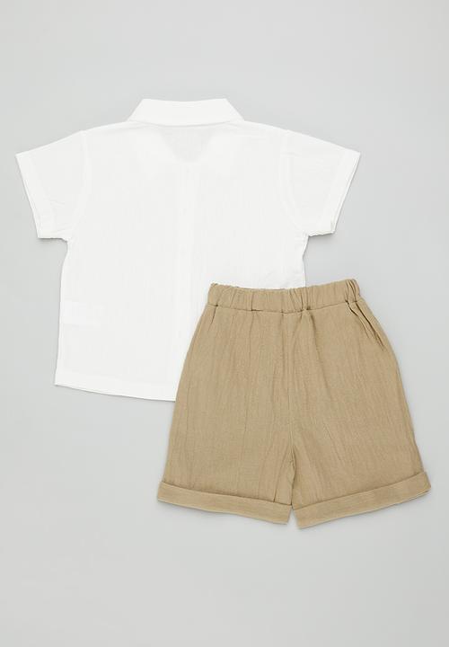 Pop Candy - Mother of pearl button shirt with shorts - white/tan