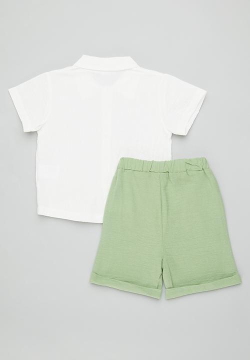 Pop Candy - Mother of pearl button shirt with shorts - white/celadon green
