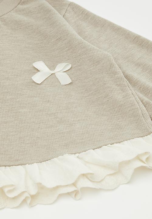 Pop Candy - Bow decor sweat top with wide leg pants - beige/cream
