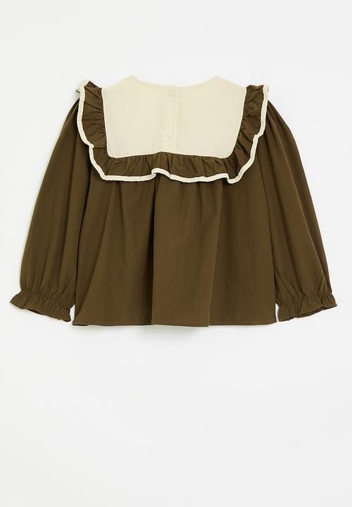 Pop Candy - Embroidered bib ruffle sleeve blouse - brown/beige